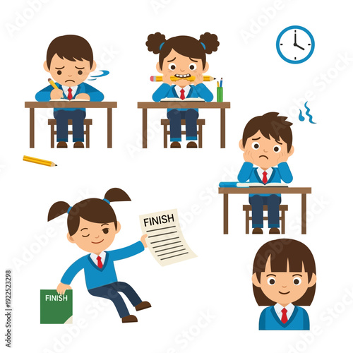 Children experiencing stress and fatigue during a test or exam.