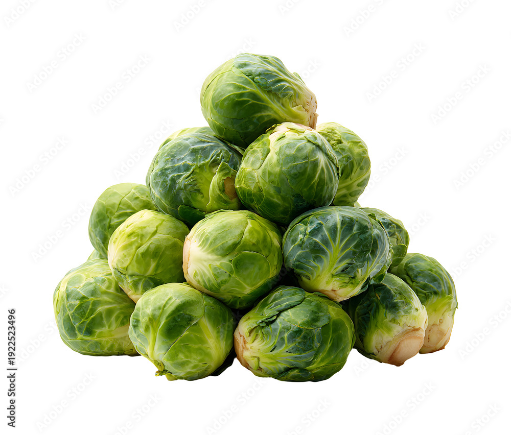 Fototapeta premium Fresh Brussels sprout stacked in a pyramid isolated on transparent background