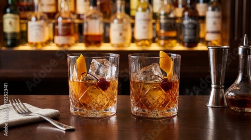 Two glasses of whiskey on the rocks sit on a bar with bottles in the background