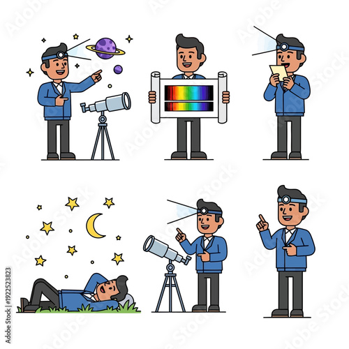 Cartoon scientists conducting astronomical research and stargazing at night.
