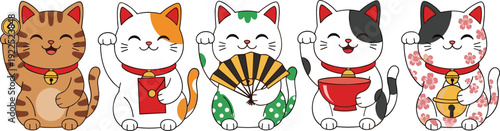 Maneki Neko Lucky Cat Set with Traditional Japanese Accessories Fortune Symbol Cartoon Vector Illustration Collection