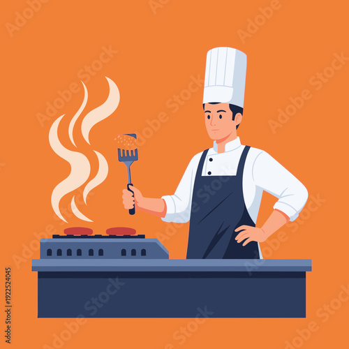 Chef in uniform cooking on a stove with steam rising from the pots.