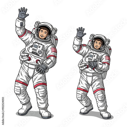 Two astronauts in space suits waving and smiling.