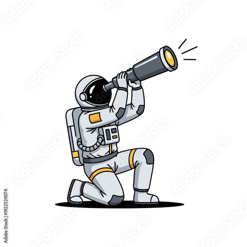 Cartoon astronaut kneeling and looking through a telescope.