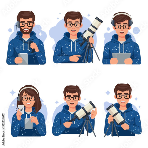 Six cartoon characters in blue hoodies using telescopes and tablets, with starry accents.