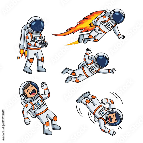 Cartoon astronauts in various dynamic poses, including flying, falling, and laughing.