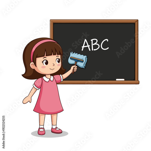 Cartoon girl erasing chalkboard with "ABC" written on it.