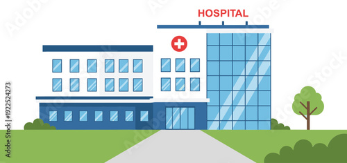 Modern Hospital Building Exterior with Glass Facade and Emergency Sign Flat Vector Illustration Isolated on White Background