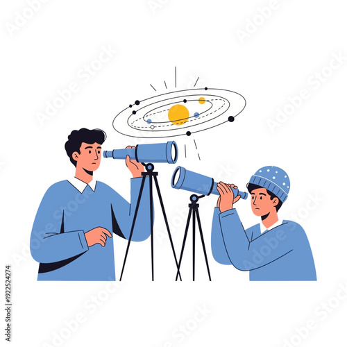 Two individuals observing the solar system through telescopes.