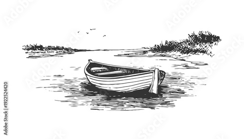 Wooden Rowboat Vintage Fishing Boat Engraving Illustration.  Hand-drawn coastal marine vessel, ideal for maritime lifestyle themes, coastal decor, fishing design, and nautical branding.