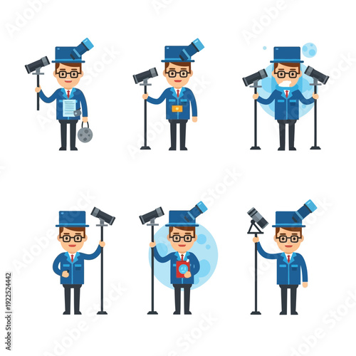 Cartoon characters dressed as astronomers with telescopes and scientific equipment.