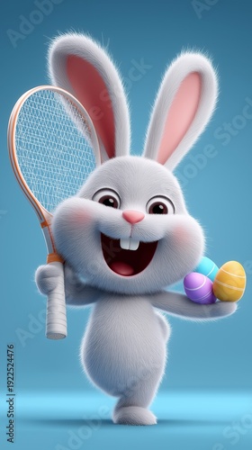 3D-animierter weißer Cartoon-Hase hält Tennisschläger und Ostereier, stehend vor blauem Hintergrund