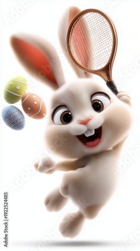 Fröhlicher weißer 3D-Hase springt mit Tennisschläger und bunten Ostereiern – Ostern Sport Cartoon
