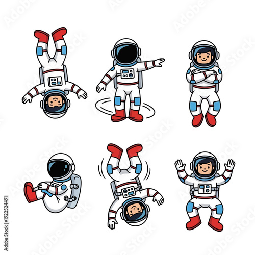 Six cartoon astronauts in various poses, some upside down or waving.