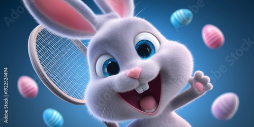 3D-animierter weißer Cartoon-Hase hält Tennisschläger und Ostereier, stehend vor blauem Hintergrund