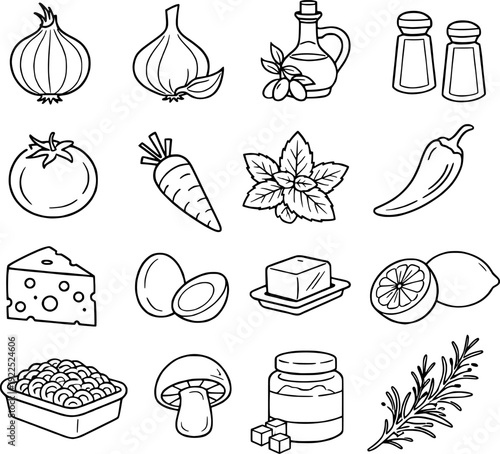Collection of hand-drawn food ingredients and seasonings for cooking and baking