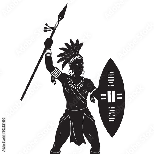 Ancient tribal warrior figure raising spear with shield in ceremonial dress and bold silhouette.