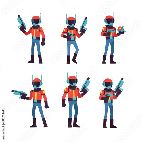 Six cartoon characters in space suits holding futuristic weapons in various poses.