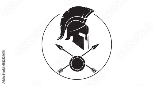 Stylized Spartan helmet emblem featuring crossed spears inside a circular frame.
