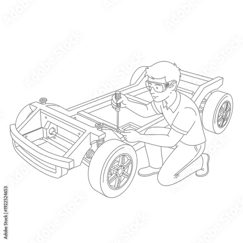 Person assembling a small vehicle with tools, wearing safety goggles.