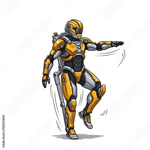 A humanoid robot with a yellow and gray armored exterior performing a dance move.