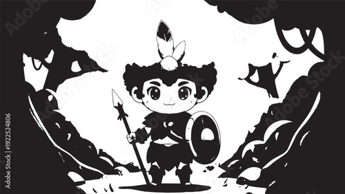Playful panda warrior in a dark jungle illustration featuring silhouette, sword and adventurous atmosphere.