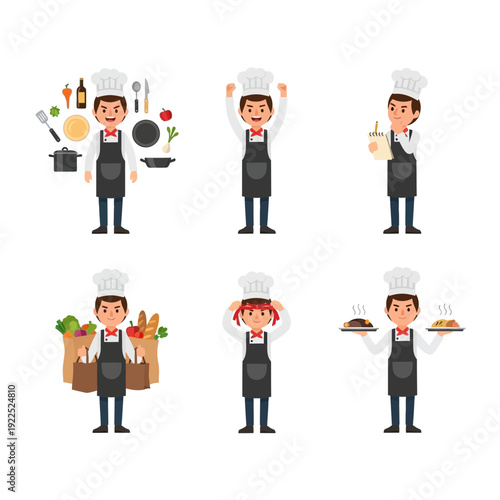 Six cartoon chefs in various poses, wearing chef hats and aprons.