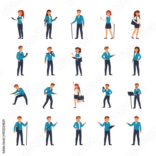 Collection of diverse businesspeople using smartphones and laptops in various poses