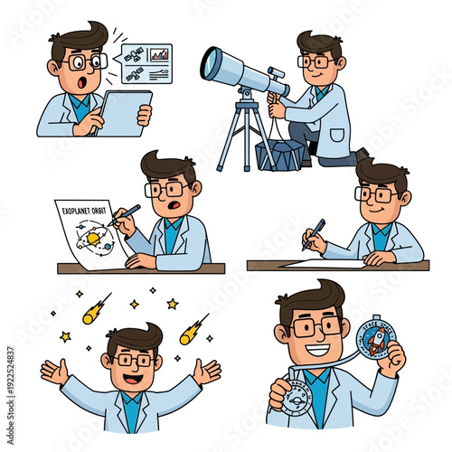 Cartoon scientists conducting experiments and observing space phenomena with telescopes.