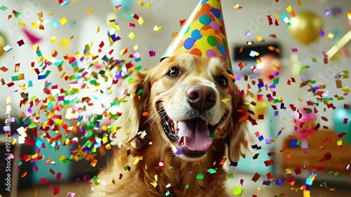 Golden retriever celebrates birthday with confetti and balloons in a lively indoor setting surrounded by friends and decorations