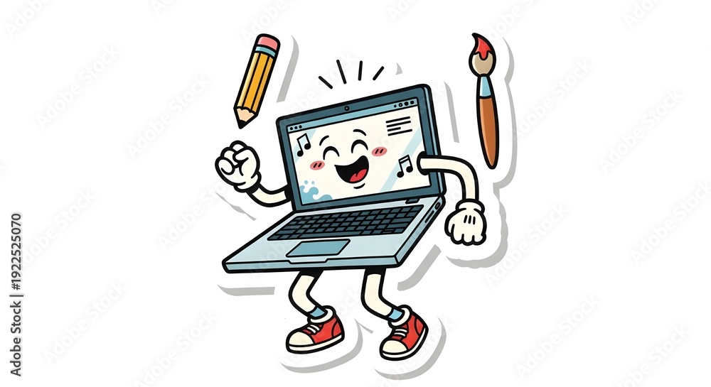 Fototapeta premium An adorable and energetic cartoon laptop character is the star of this illustration. Designed as a sticker with a thick white border, the laptop is full of life and creativity.