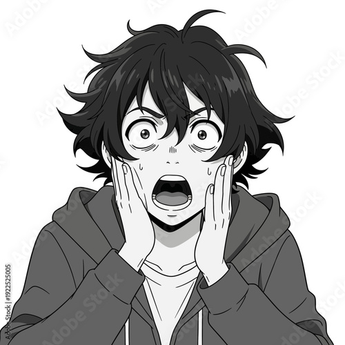 Black-and-white illustration of a surprised, shocked young person with messy hair.