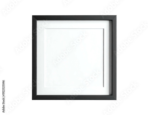 Black square picture frame with white matting against white background.