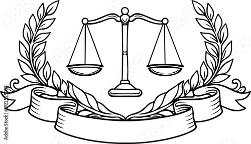 Scales of justice with laurel wreath and ribbon banner classic black line art emblem for legal and law court concepts.