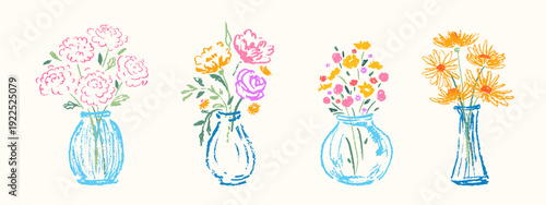 Hand drawn flowers in vases. Sketched style flower bouquets. Naive design. Spring, summer botanical art.