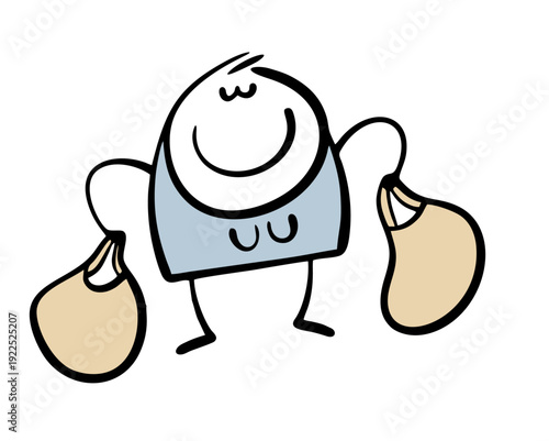 Doodle satisfied woman carries huge bags of groceries or clothes after a store sale. Vector illustration of a discount in a supermarket, a thrifty housewife bought a lot of cartoon  goods using coupon