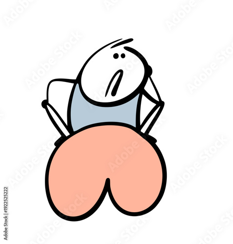 Doodle confused depressed man is sitting on a big pink ass.  Vector illustration of a cartoon character in depression, in need of psychological help. financial collapse, a symbol of hopelessness.