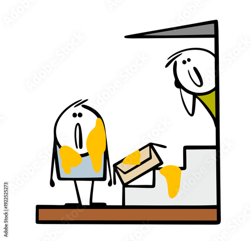 Scared stickman, splattered with paint, stands in shock on the porch. Vector illustration of a thief stealing a box. Cartoon paper box suddenly exploded in the hands of the criminal. Satisfied owner.