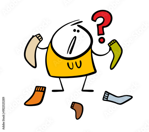 Confused cartoon woman takes apart colored socks after washing and cannot find a pair. Vector illustration of a housewife in shock, lost her nose for children, husband. A question mark, character.
