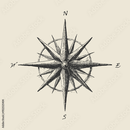 Vintage Wind Rose Map Symbol Vector Illustration in Engraving Ink Drawing Cartography Style in classic cartography and map design. Perfect for historical atlas layouts, and navigation travel graphics.