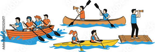 People Enjoying Water Activities Canoeing Kayaking Rafting and Paddle Boating Outdoor Adventure Vector Illustration Set