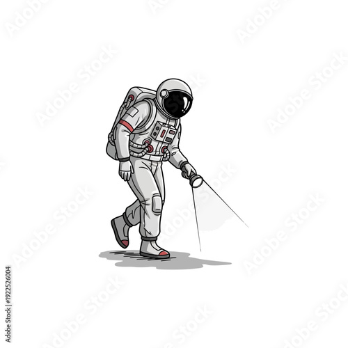 Astronaut in space suit spraying disinfectant or cleaning solution.