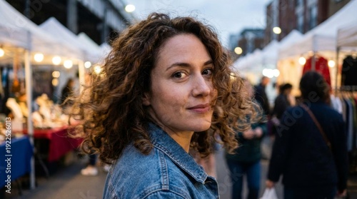 Wallpaper Mural Young woman with curly hair and a denim jacket smiling, glancing back at the camera while walking through a bustling street market at dusk, surrounded by illuminated stalls and shoppers Torontodigital.ca