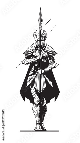 Medieval armored knight standing upright with a long spear in a poised stance.