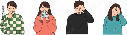 People with Cold and Flu Symptoms Sneezing Coughing Headache and Fever Sick Characters Vector Illustration Set