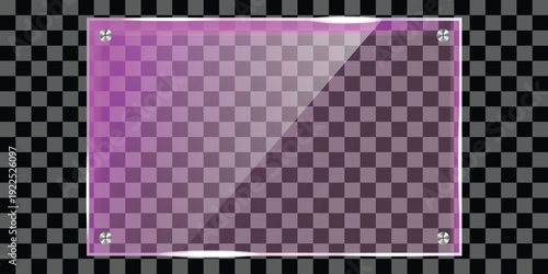 A purple transparent glass pane with a pink border on a black and gray checkered background silhouette