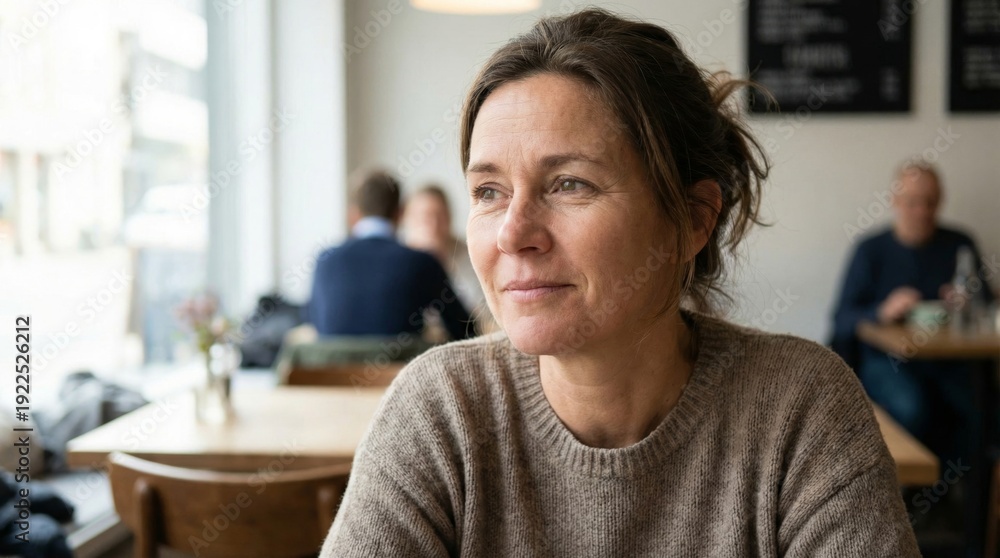 Fototapeta premium Mature woman sitting at a table in a bright café, looking away thoughtfully and contemplating, enjoying a moment of solitude and personal reflection in a public space