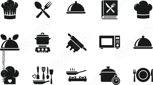 Cooking and kitchen silhouette icons vector set for restaurant menu food preparation and chef equipment design