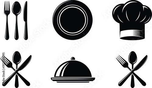 Restaurant and cooking utensils silhouette icons vector set for menu catering food service and chef design