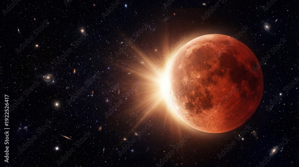 Naklejka premium A stunning celestial scene of a red moon in eclipse with a bright sun shining behind it in a starry night sky
